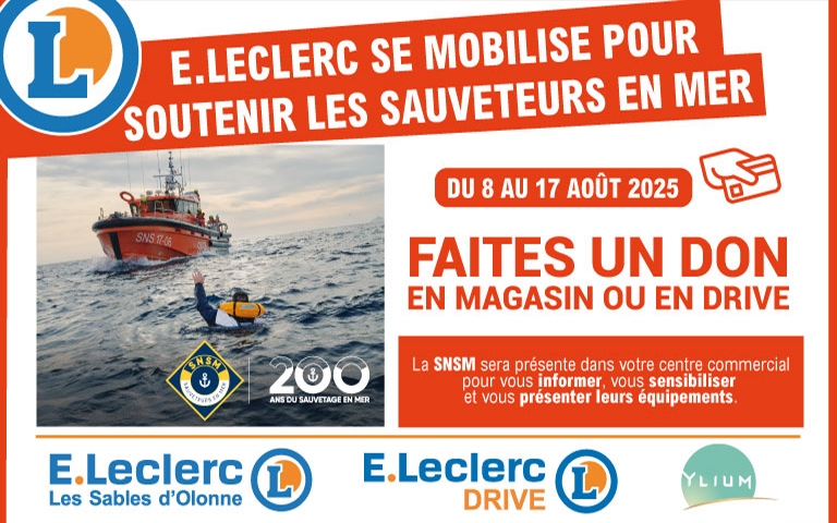 E.Leclerc se mobilise pour soutenir les sauveteurs en mer. du 8 au 17 août 2025, faites un don en magasin ou en drive. La SNSM sera présente dans votre centre commercial pour vous informer, vous sensibiliser et vous présenter leurs équipements.