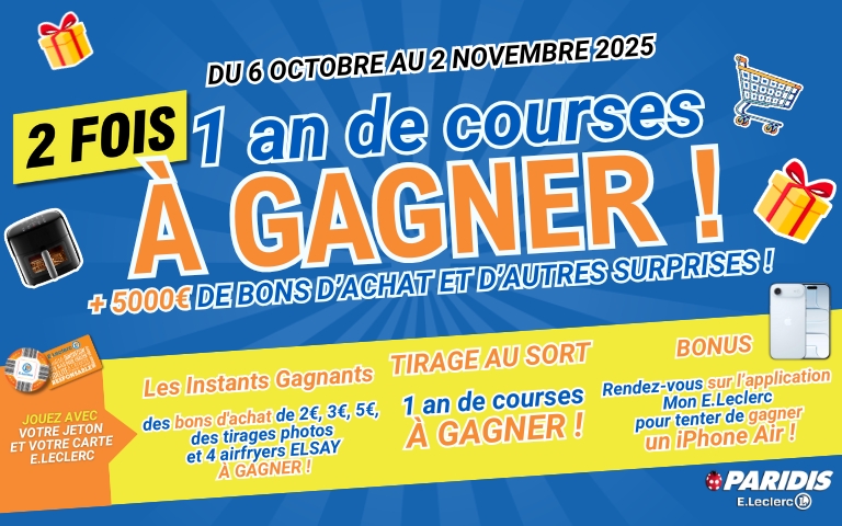 Du 6 octobre au 2 novembre 2025, votre E.Leclerc PARIDIS sort LE GRAND JEU  et vous propose de gagner un an de courses en jouant sur les bornes présentes en galerie.
