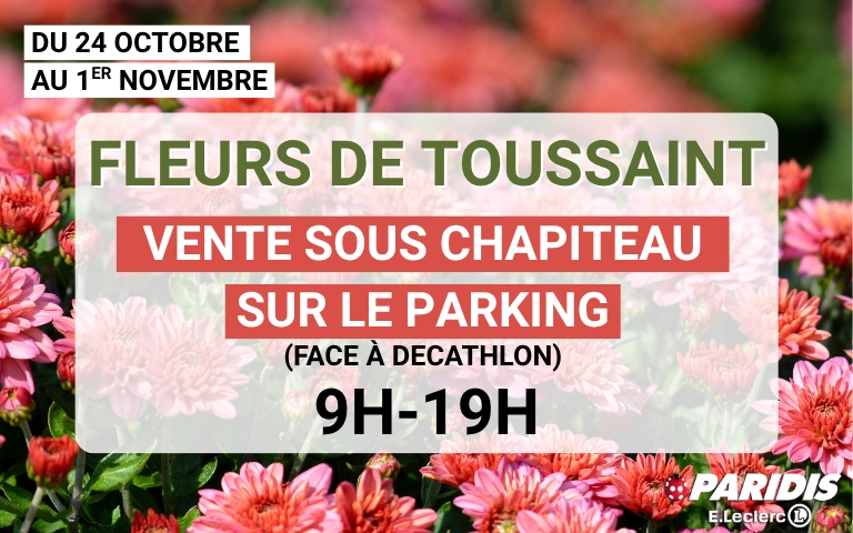 Vente de Chrysanthèmes et autre Fleurs de Toussaint sur le parking de votre hypermarché E.Leclerc PARIDIS du 24 octobre au 1er novembre, de 9h à 19h.