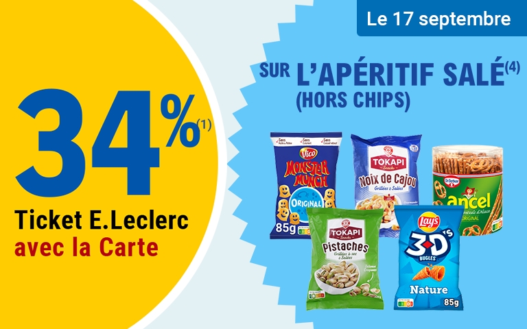 Mercredi 17 septembre profitez de 34% en ticket E.Leclerc sur l'apéritif salé (hors chips). Voir conditions en magasin