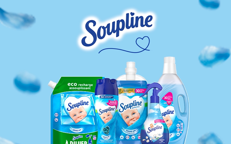 Du 19 au 25 août, découvrez la Soupline : Une fraîcheur qui dure comme l'amour d'une maman, présentant une gamme de produits Soupline incluant éco-recharge assouplissant, perles de parfum, assouplissant concentré, et spray textile. Voir conditions en magasins