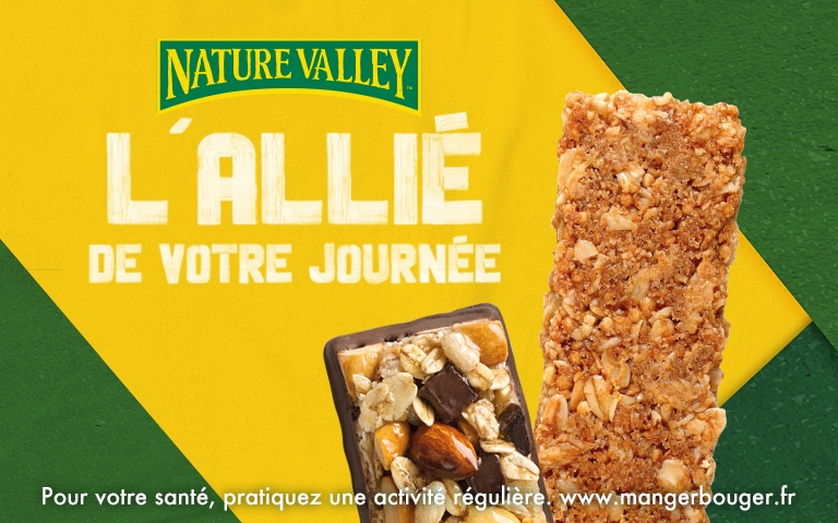 Du 26 août au 1er septembre, découvrez Nature Valley, l'allié de votre journée. Pour votre santé, pratiquez une activité régulière. www.mangerbouger.fr. *Voir conditions en magasins.