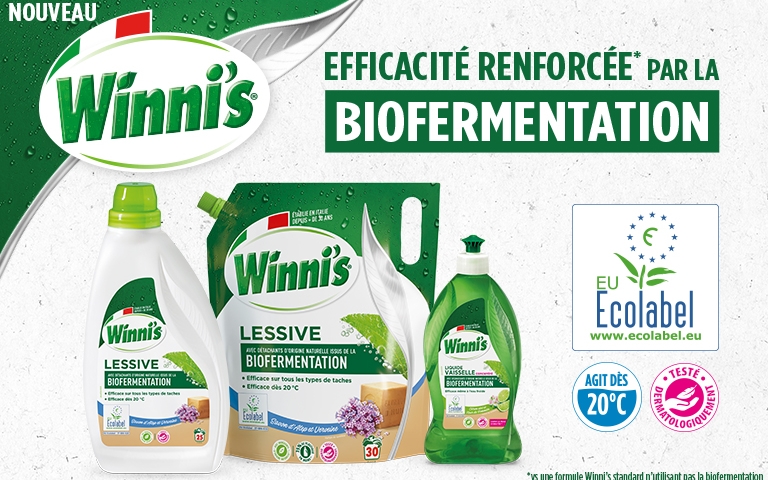 Du 30 septembre et 6 octobre, découvrez la NOUVEAU gamme Winni's avec une efficacité renforcée* par la Biofermentation, agissant dès 20°C et testée dermatologiquement, certifiée EU Ecolabel. *Vs une formule Winni's standard n'utilisant pas la biofermentation. Voir conditions en magasins.