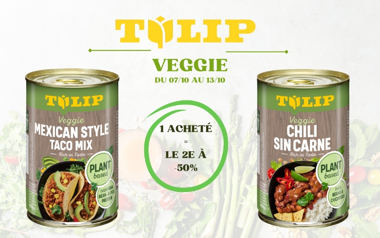 Du 7 au 13 octobre, découvrez la gamme Tulip Veggie, avec 1 produit acheté, le 2ème à -50%, incluant le Veggie Mexican Style Taco Mix et le Veggie Chili Sin Carne. *Voir conditions en magasins.