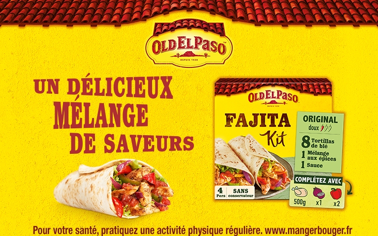 Du 28 octobre au 3 novembre, découvrez le Fajita Kit Original doux d'Old El Paso, pour un délicieux mélange de saveurs, avec 8 tortillas de blé, 1 mélange aux épices, et 1 sauce. Complétez avec 500g de poulet, 1 oignon et 2 poivrons. 4 portions, sans conservateur. Pour votre santé, pratiquez une activité physique régulière. www.mangerbouger.fr. *Voir conditions en magasins.
