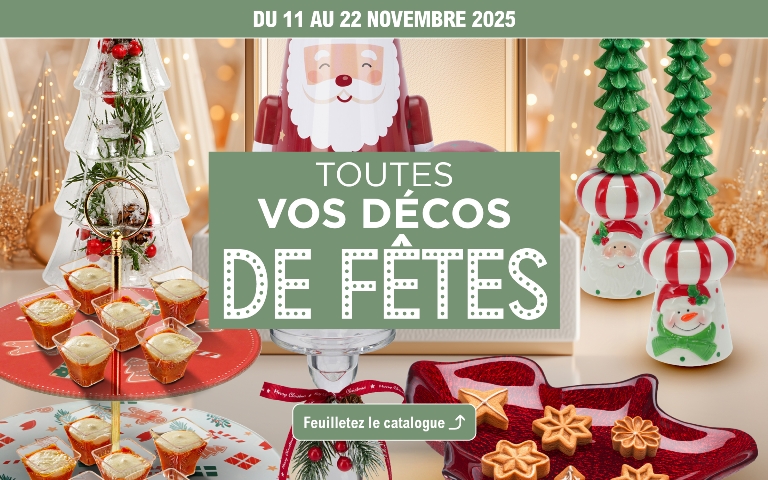 Du 11 au 22 novembre 2025, une sélection d'articles de décoration de fêtes est mise en avant sous le thème "Toutes vos décos de fêtes", sans prix ni mécanique de réduction spécifique; Feuilletez le catalogue pour plus d'informations.
