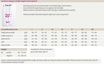 Mediven Elegance Size Chart in inches