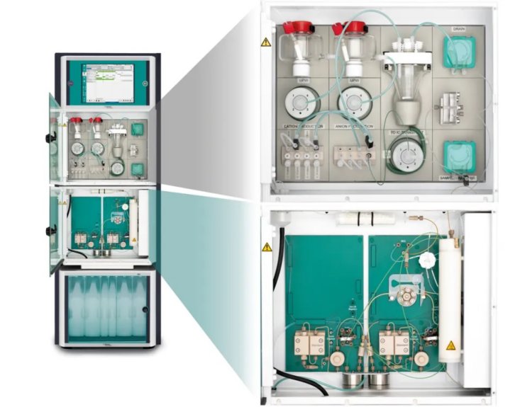 The 2060 IC Process Analyzer from Metrohm Process Analytics. Pictured here is the touchscreen human interface, the analytical wet part (featuring additional sample preparation modules – top inlay, and the integrated IC – bottom inlay), and a reagent cabinet.