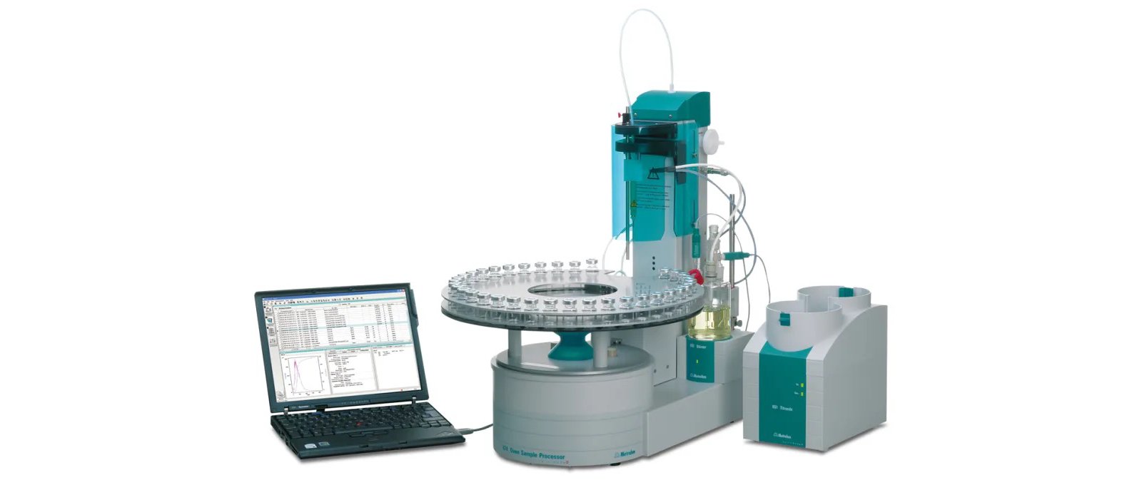The 874 Karl Fischer Oven Processor with an 851 Titrando for a fully automated analysis according to ASTM D6304 Procedure B.
