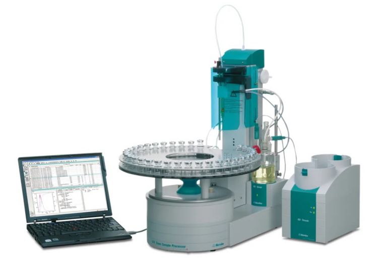 The 874 Karl Fischer Oven Processor with an 851 Titrando for a fully automated analysis according to ASTM D6304 Procedure B.