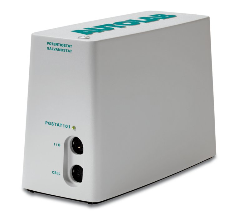 Metrohm Autolab PGSTAT101, the affordable potentiostat/galvanostat with measuring maximum of 100mA and compliance voltage of 10V (top right view).