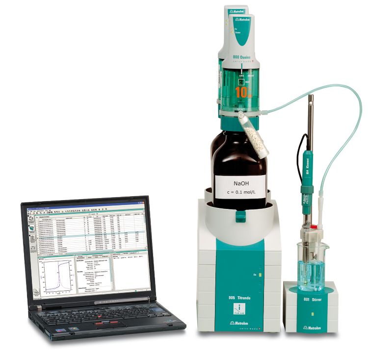 Titration system consisting of a 905 Titrando, a rod stirrer, and a Unitrode easyClean. The data are recorded and evaluated by tiamo.