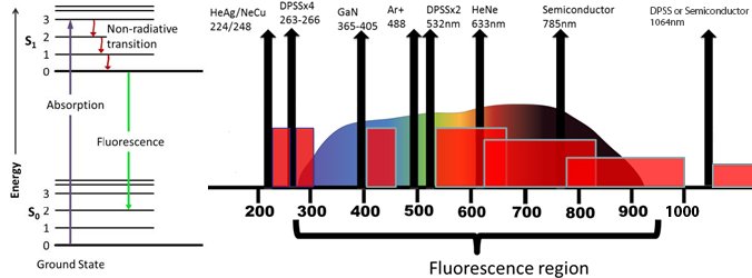 Energy diagram for fluorescence and lasers of different wavelength used across the fluorescence spectral range.