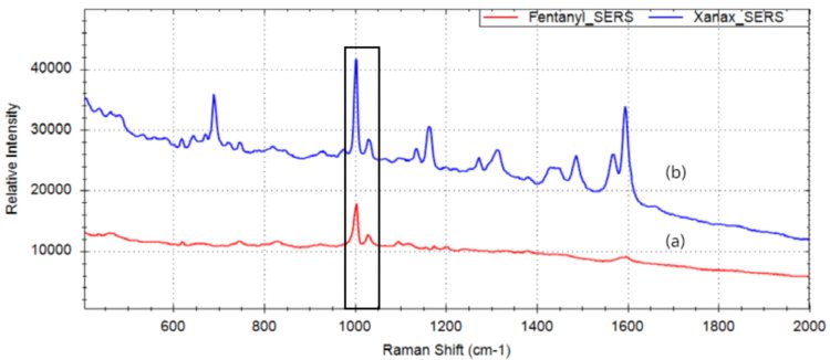 SERS spectra of (a) fentanyl and (b) Xanax