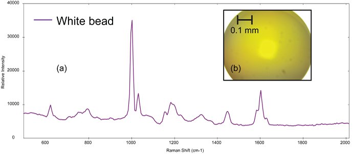(a) Raman spectrum of polystyrene collected from (b) polystyrene bead (image not true color)