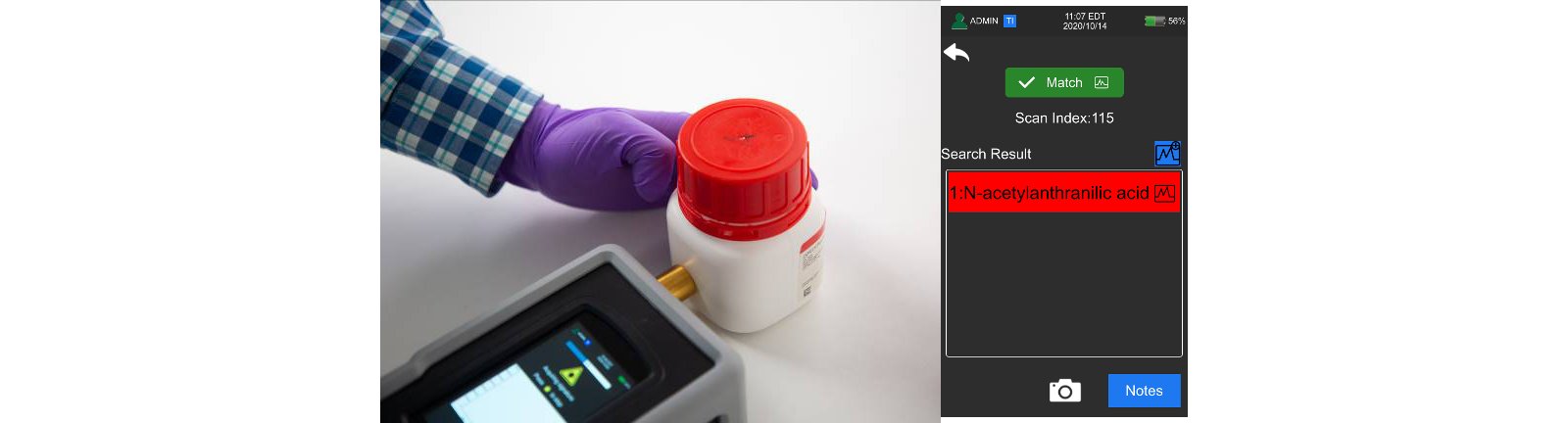 TacticID-1064 ST measurement through HDPE bottle and match result for N-acetylanthranilic acid