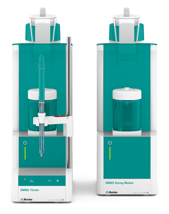 OMNIS-System bestehend aus einem OMNIS Advanced Titrator und einem OMNIS Dosiermodul, ausgestattet mit einer doppelten Pt-Draht-Elektrode zur Indikation.