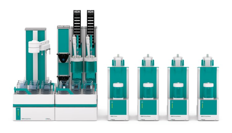 OMNIS Sample Robot S with an OMNIS Titrator and three  Dosing Modules. Not pictured: additional OMNIS Sample Robot  with Titrator and Dosing Modules as well as required Dosing  Interface and Dosinos. 