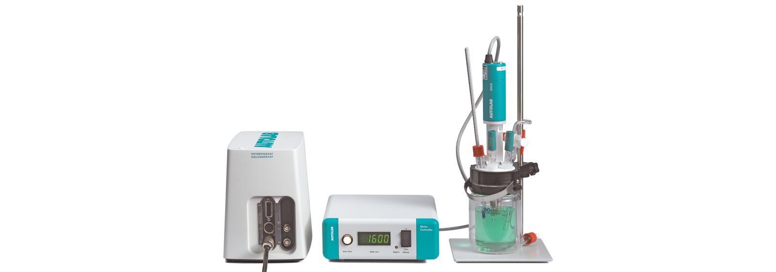 Figure 3. Potentiostat from Metrohm Autolab combined with a three-electrode setup using a Rotating Disc Electrode (RDE) as working electrode to keep mass transport under defined conditions.