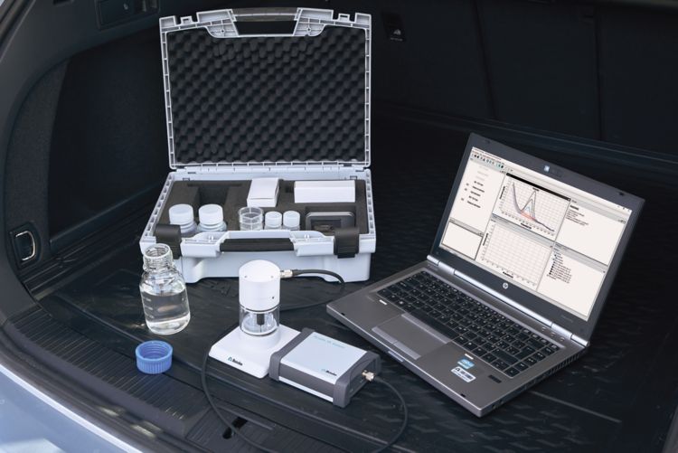 946 Portable VA Analyzer with laptop in the car, measuring stand and potentiostat setup (base plate 6.02708.000, transparent ring 6.02708.010, measuring head 6.01256.000, scTRACE Gold 6.1258.000, carrying case 6.02707.010)