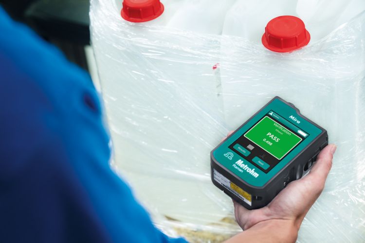 Handheld MIRA is used to verify the identity of raw materials through the container.