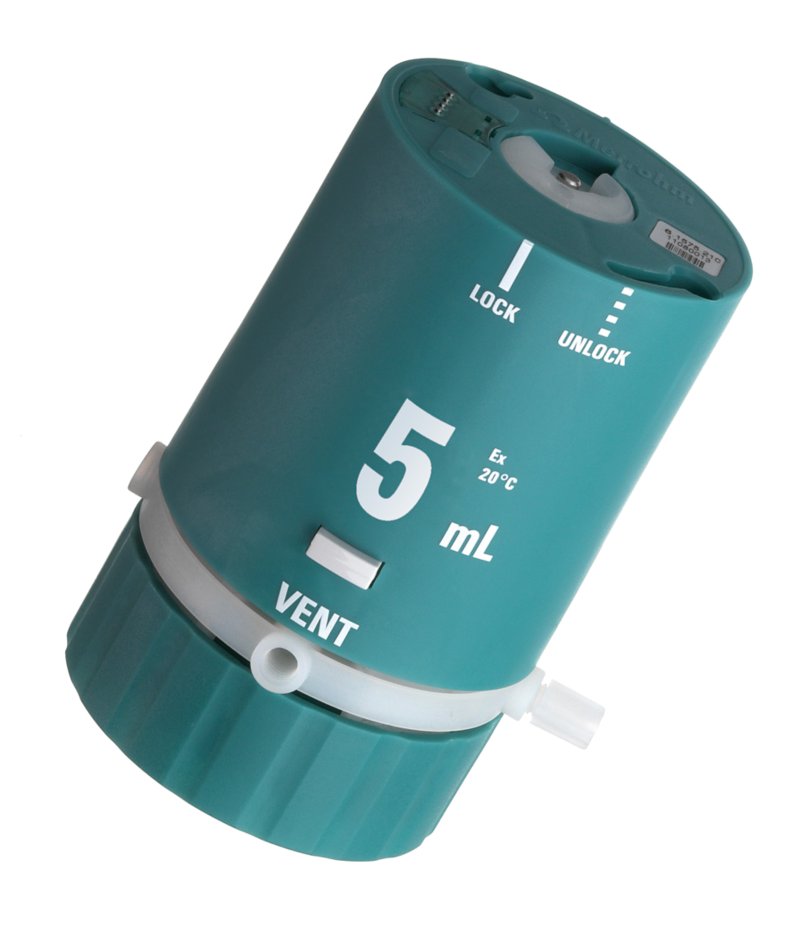 Example of an 807 Dosing Unit ETFE (5 mL) used for dosing aggressive chemicals like hydrofluoric acid.