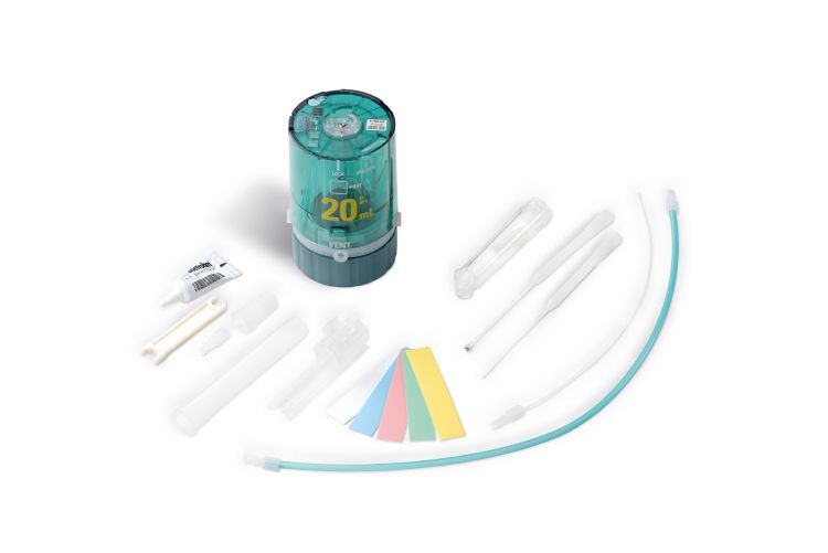 Unità di dosaggio 20 mL (unità di dosaggio con chip dati integrato con cilindro di vetro da 20 mL e protezione dalla luce, montabile su flacone di reagente con filettatura ISO/DIN GL 45. Attacco per tubo FEP, punta antidiffusione)