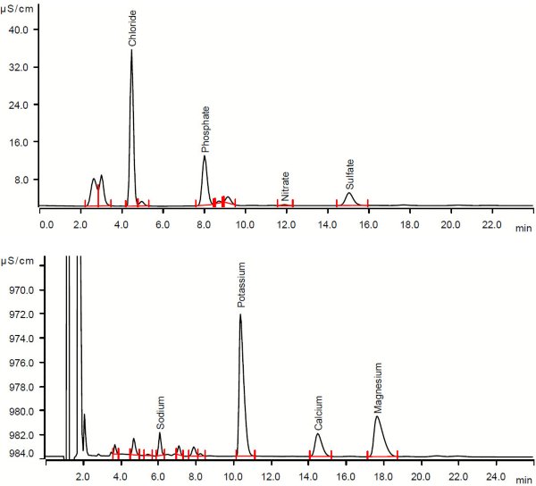 Análisis de una muestra de Warsteiner Pils (dilución de 10 veces) que contiene cloruro (229 mg/L), fosfato (352 mg/L), nitrato (5 mg/L) y sulfato (60 mg/L) como aniones principales (superior ) y sodio (13 mg/L), potasio (365 mg/L), calcio (53 mg/L) y magnesio (56 mg/L) como cationes principales (abajo).