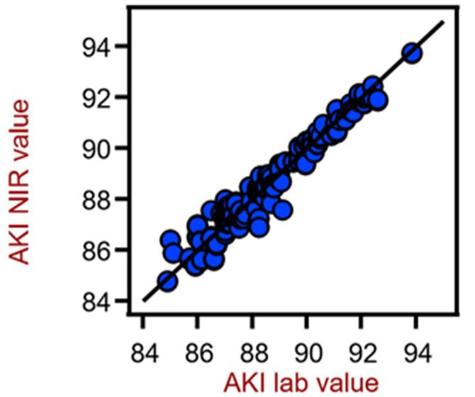 Diagramma di correlazione per la previsione del valore AKI nella benzina utilizzando un XDS RapidLiquid Analyzer. I valori di laboratorio di riferimento sono stati determinati secondo le prove del motore CFR in condizioni controllate.
