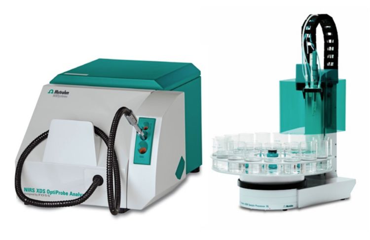 The NIRS XDS OptiProbe Analyzer and the 815 Robotic Sample Processor.