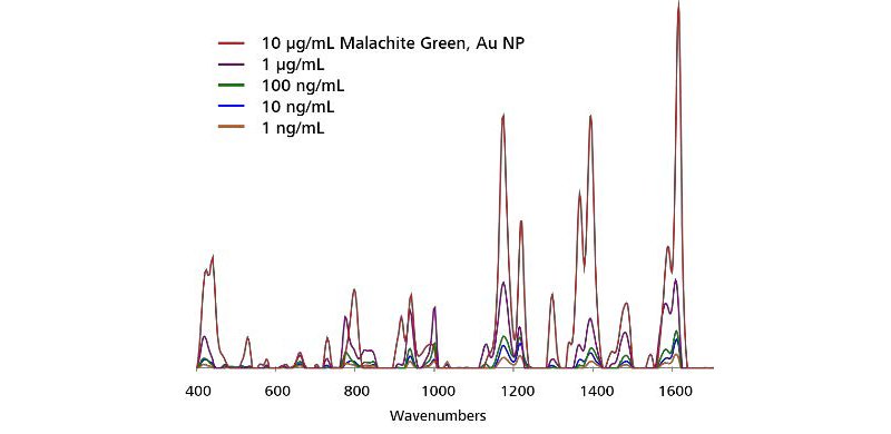 Au NP SERS concentration profile of MG extracted from stream water. Spectra are baselined, with background subtracted.