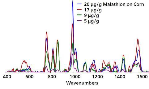 Overlaid baseline-corrected spectra acquired from Au NPs show detection of malathion on field corn kernels to 5 μg/g.