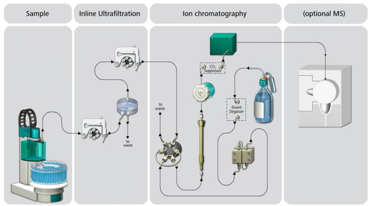 Schematic flow path for fast screening analysis of organic acids and anions with ion chromatography and suppressed conductivity detection. As sample preparation step, Inline Ultrafiltration is used to optimize the overall analysis in terms of laboratory time and laboratory expenses. After introduction of the sample (858 Professional Sample Processor) the sample passes the Ultrafiltration cell. The samples are filtered with a 0.2 μm regenerated cellulose membrane. Up to 100 samples depending on the matrix can be analyzed before changing the membrane and with less than 0.1% carryover speeding up this unavoidable process in routine analysis. After injection and separation with a high capacity anion column sequential suppression removes cations and carbonate resulting in a very low background signal in the conductivity detector. For the complex organic acid monitoring a second high pressure pump and a mixing capillary need to be added to the system. Connection of the outlet of the conductivity detector to a mass spectrometer can be a valuable addition for peak confirmation and even better detection limits.