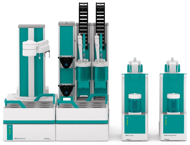 OMNIS Sample Robot S, OMNIS Dosing Module and OMNIS Advanced Titrator equipped with dProfitrode and dAg-Titrode for the determination of chloride content.