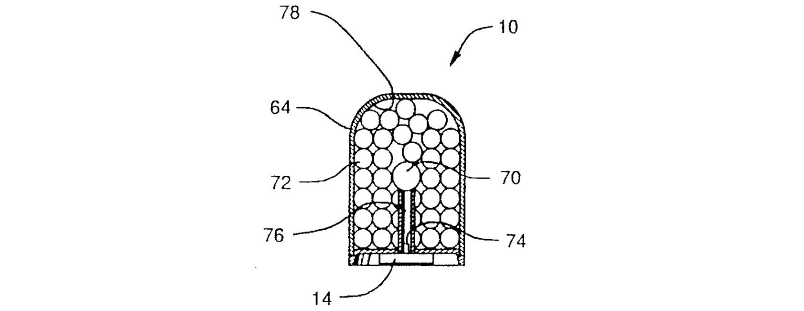 Cross-sectional diagram of a firework capsule filled with star garnitures (72) and igniter (70). [1]