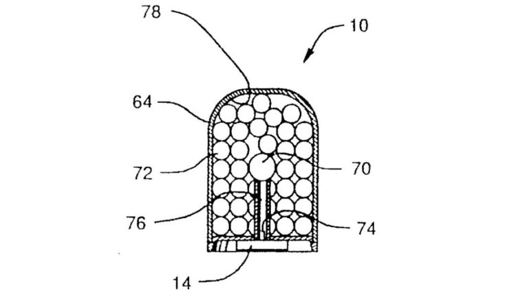 Cross-sectional diagram of a firework capsule filled with star garnitures (72) and igniter (70). [1]