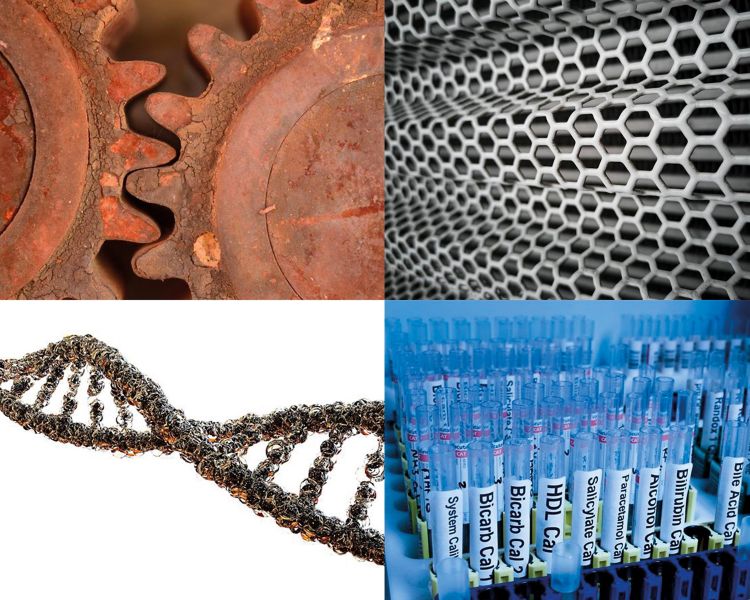 4 imagens reunidas, uma engrenagem oxidada, uma grade de proteção, símbolo do DNA e diversos frascos