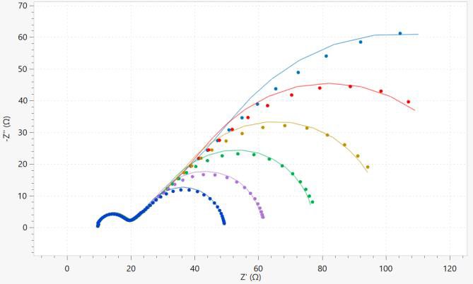 Nyquist-Diagramm für jede Rotationsrate. Die Daten sind in Punkten und die Ergebnisse der Fits in durchgezogenen Linien dargestellt. Hellblau: 100 U/min; rot: 200 RPM; gelb: 400 RPM; grün: 800 RPM; violett: 1600 RPM; dunkelblau: 3200 RPM.  