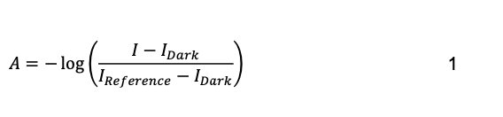 Equation:, conversions of measured intensity into absorbance 