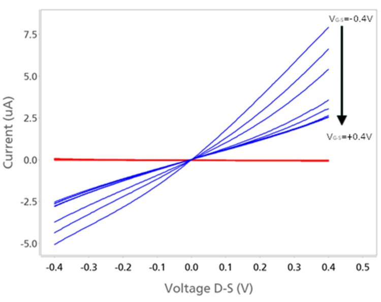 Plot of ID-S (blue) and IG-S (red) versus VD-S obtained at different VG-S with the DropView 8400 software.