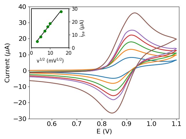 Cyclic voltammograms at different scan rates.