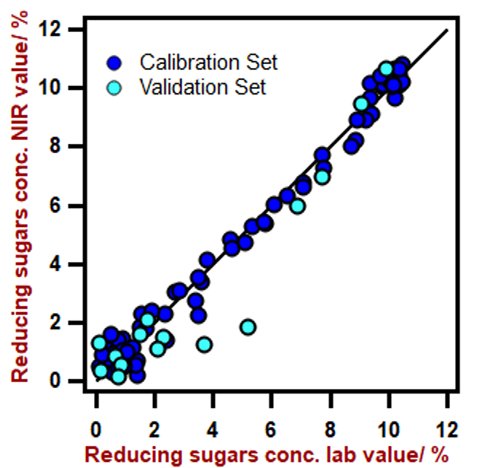 Correlation diagram for the prediction of reducing sugars in fermentation broth using a DS2500 Solid Analyzer. The lab value was evaluated using HPLC. 
