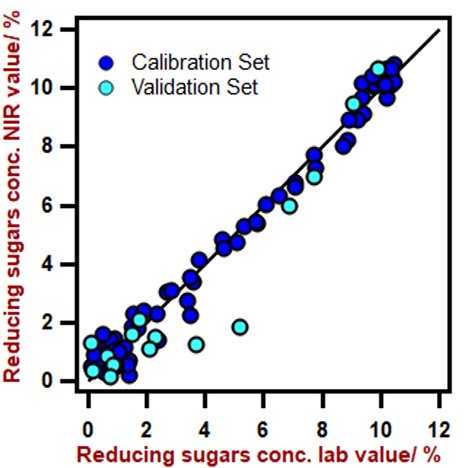 Diagramma di correlazione per la previsione degli zuccheri riduttori nel brodo di fermentazione utilizzando un analizzatore solido DS2500. Il valore di laboratorio è stato valutato mediante HPLC. 