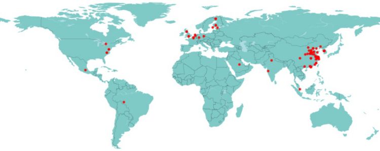  World map showing the locations of installed MARGA instruments from Metrohm Process Analytics.