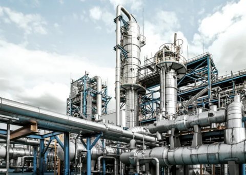 A petrochemical refinery, with focus on its silver pipes