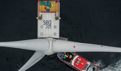 Aerial images of Walney Extension West Offshore Wind Farm. Completed in 2018 the wind farm, located in the Irish Sea 19km from the coast of Cumbria, UK features 40 MHI Vestas Offshore Wind V164-8.0 wind turbines. The turbines have been optimised to produce 8.25MW, making Walney Extension West the first wind farm in the world to exceed 8.0MW per turbine.