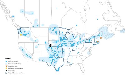 A map illustrating installed wind turbines, as well as office buildings and Vestas factories across North America. 