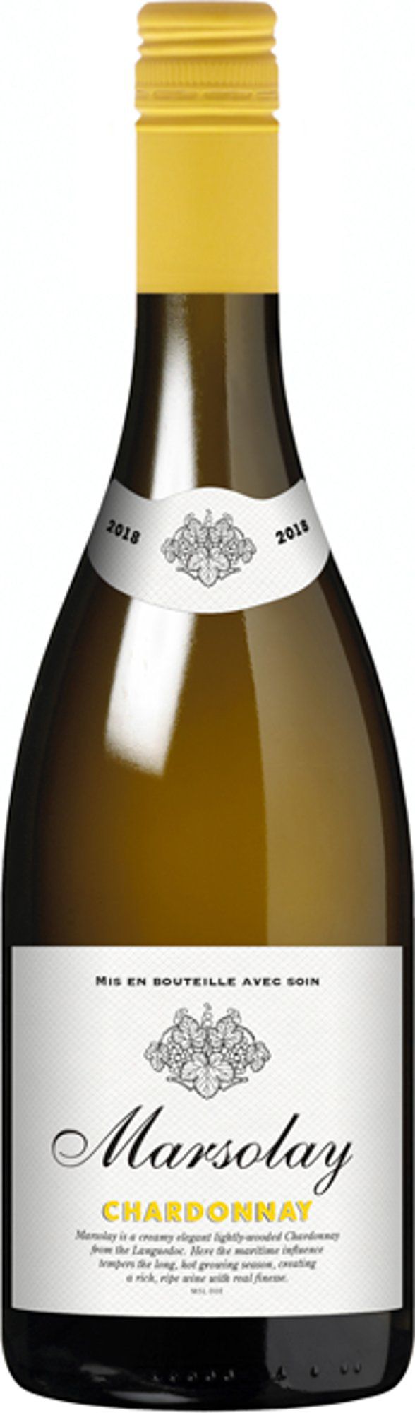 Marsolay Chardonnay IGP Pays Pays d'Oc, France. Alc vol: 13.50%